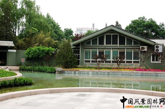 茶舍水池及水池南側(cè)鋪裝圓臺(tái)效果