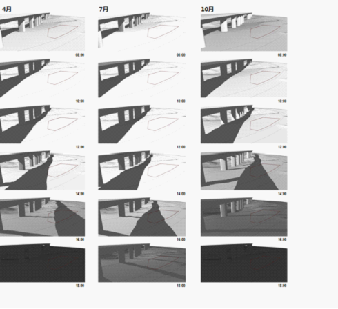 4月、7月、10月一天中典型的陰影變化